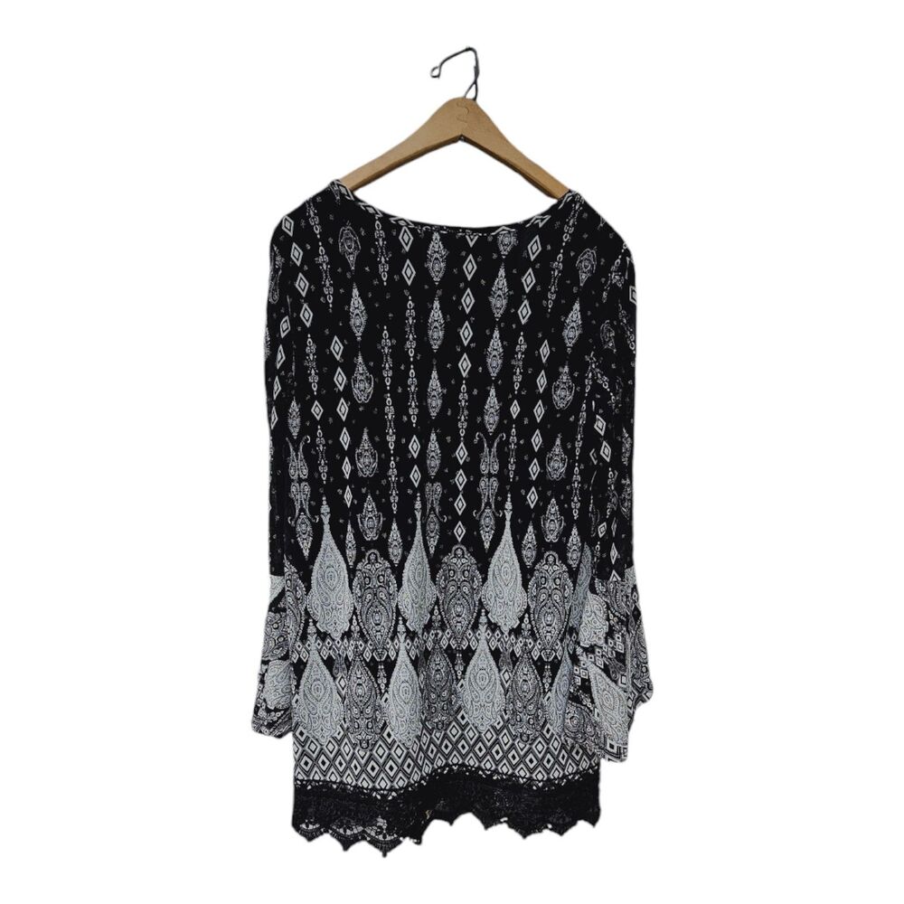 Calessa Black Moroccan Print Tunic Top Blouse Med Bell Sleeve Bohemian - Picture 2 of 9
